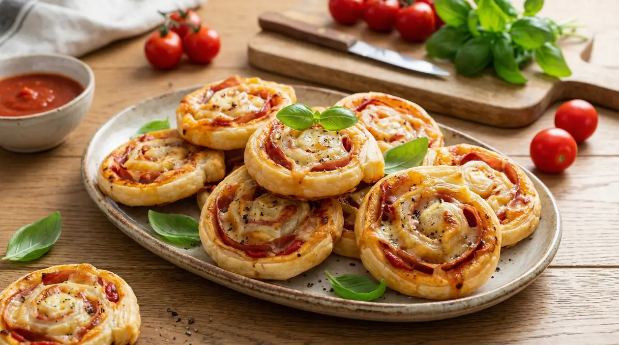 Girelle di pasta sfoglia salate con pomodoro, formaggio e basilico servite su un piatto, ideali per antipasto