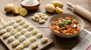 Gnocchi di patate fatti in casa su tagliere infarinato e ciotola di gnocchi al sugo di pomodoro con basilico