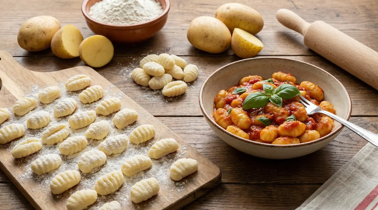 Gnocchi di patate fatti in casa su tagliere infarinato e ciotola di gnocchi al sugo di pomodoro con basilico