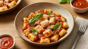 Gnocchi di ricotta morbidi con sugo di pomodoro, basilico fresco e formaggio grattugiato in una ciotola
