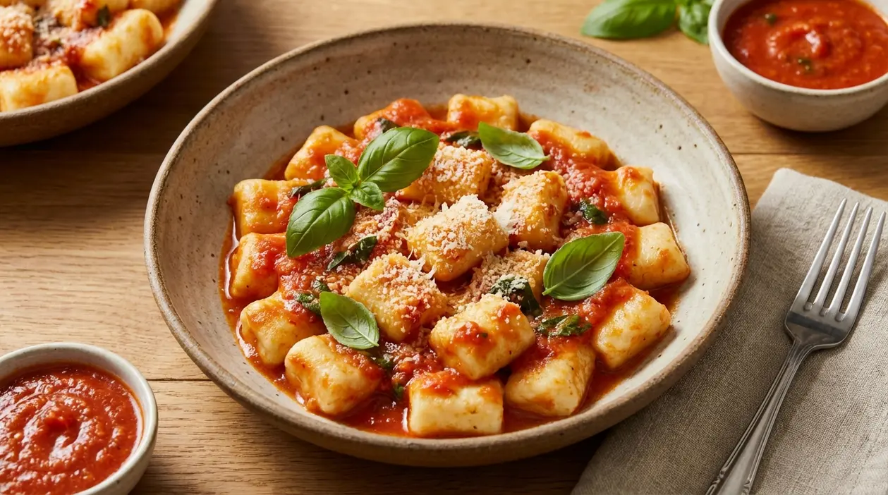 Gnocchi di ricotta morbidi con sugo di pomodoro, basilico fresco e formaggio grattugiato in una ciotola