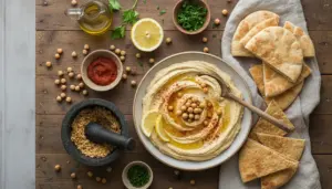Ciotola di hummus con olio d’oliva, ceci e limone, servita con pane pita su tavolo di legno