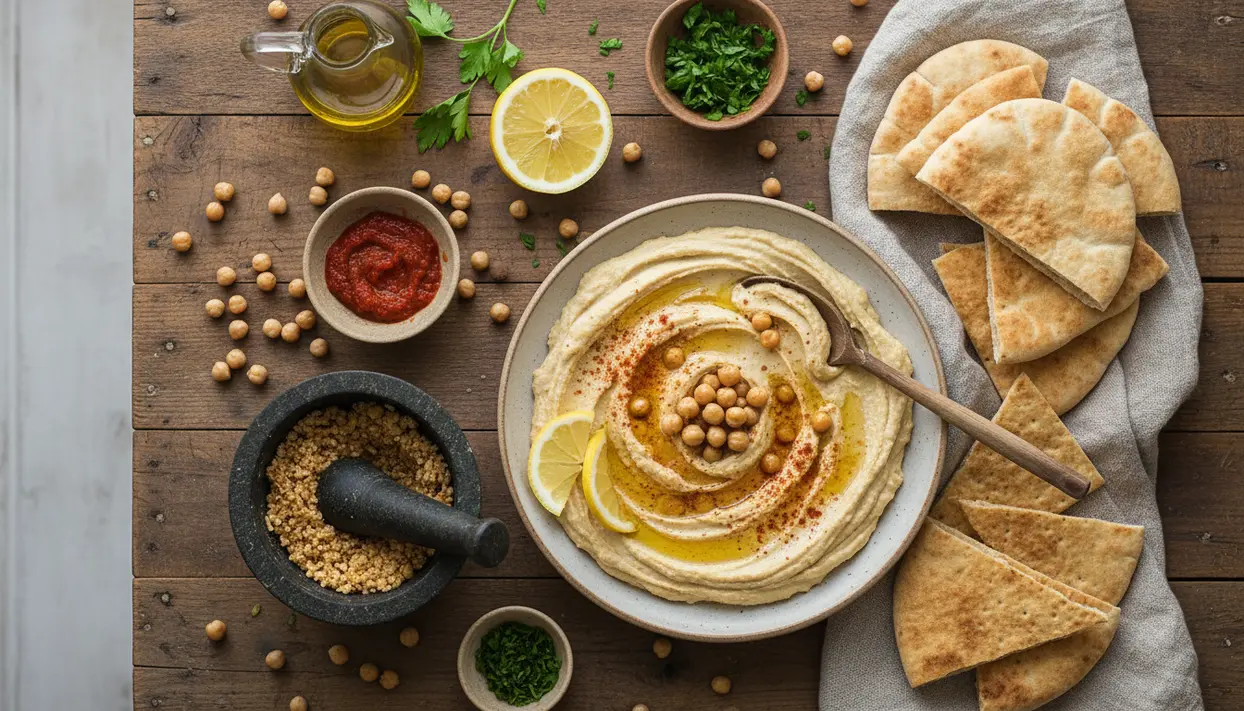 Ciotola di hummus con olio d’oliva, ceci e limone, servita con pane pita su tavolo di legno