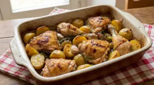 Teglia di pollo al forno con patate novelle, rosmarino e spicchi d’aglio su tovaglia a quadri