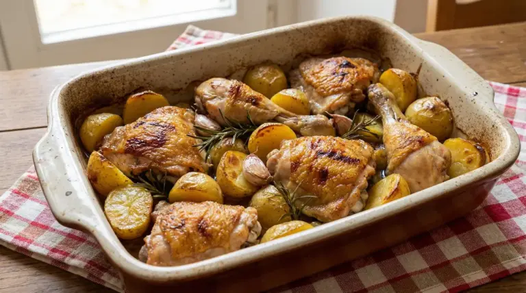 Teglia di pollo al forno con patate novelle, rosmarino e spicchi d’aglio su tovaglia a quadri