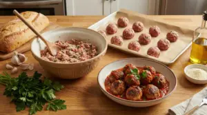 Preparazione delle polpette: impasto in ciotola, polpette crude su teglia e polpette al sugo pronte da servire