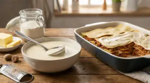 Ciotola di besciamella cremosa con mestolo accanto a lasagne a strati in teglia, pronte da infornare