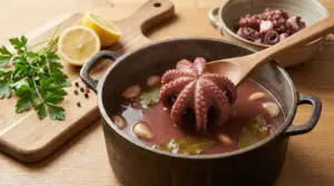 Polpo in cottura in pentola con alloro e aromi, sollevato con un cucchiaio di legno