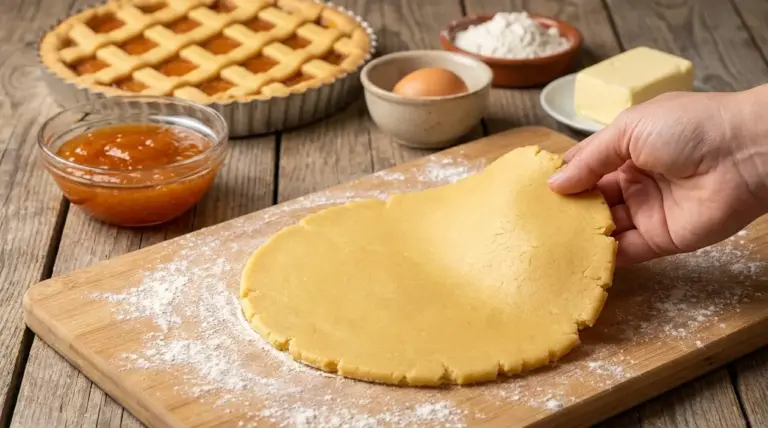 Pasta frolla stesa su tagliere infarinato, con marmellata e crostata sullo sfondo, per evitare che si rompa