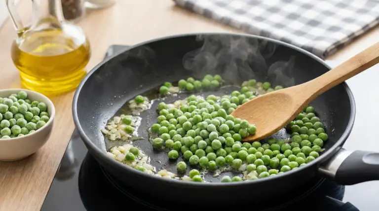 Piselli surgelati saltati in padella con olio e cipolla, mescolati con un cucchiaio di legno
