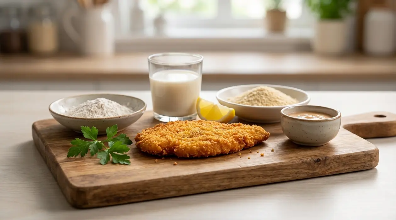 Cotoletta impanata su tagliere con farina, pangrattato, latte vegetale e limone in cucina