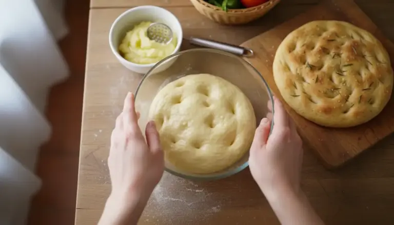 Impasto per focaccia in ciotola con fossette, accanto a una focaccia cotta su tagliere e una ciotola di purea