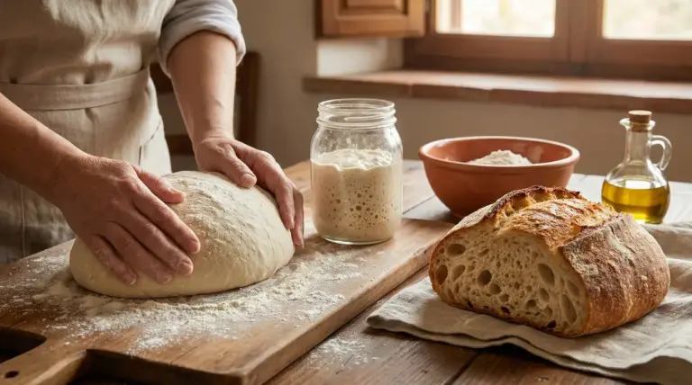 Mani che lavorano un impasto sul tavolo con lievito madre in barattolo e pane appena sfornato