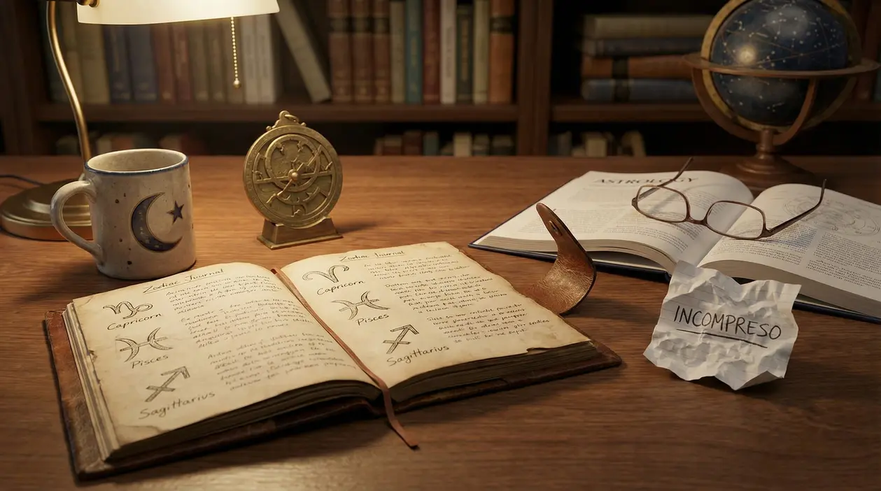 Scrivania con libri e simboli zodiacali aperti, tazza e oggetti astrologici in un'atmosfera di riflessione