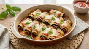Involtini di melanzane al forno con prosciutto e formaggio gratinato in teglia con salsa di pomodoro e basilico