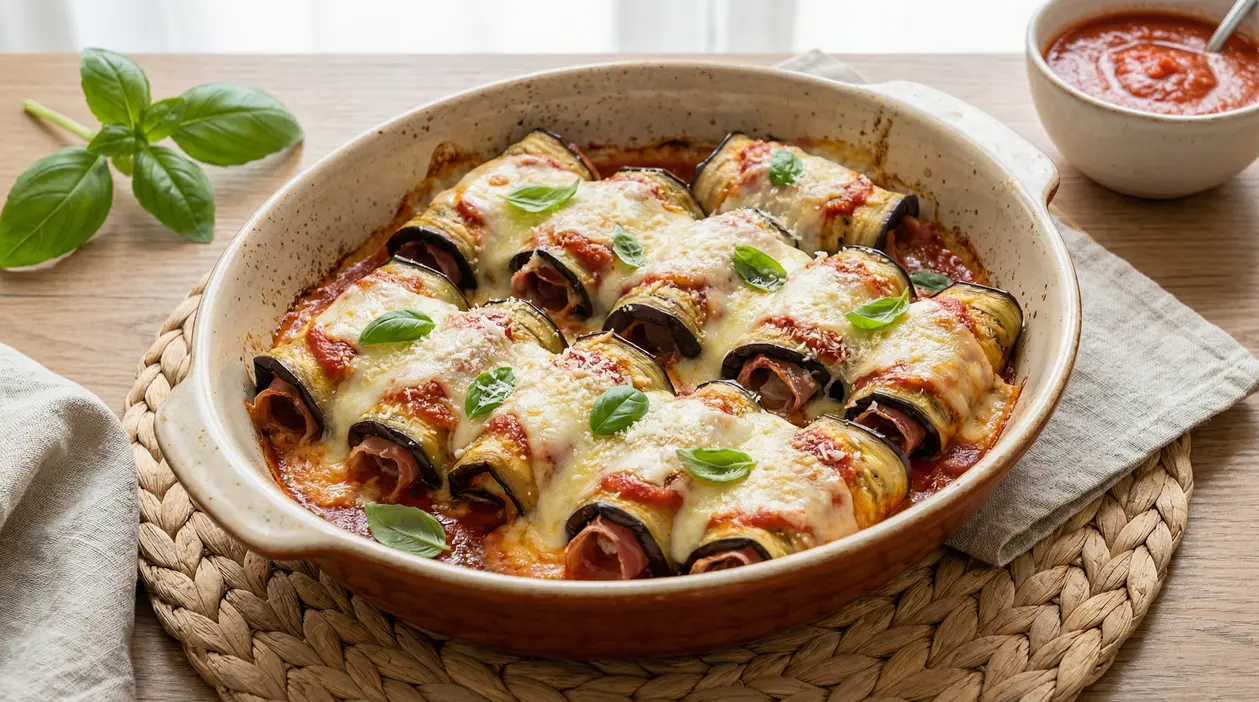 Involtini di melanzane al forno con prosciutto e formaggio gratinato in teglia con salsa di pomodoro e basilico