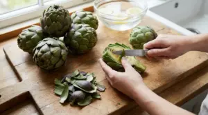 Persona che pulisce e taglia un carciofo su un tagliere, con altri carciofi e una ciotola d’acqua e limone