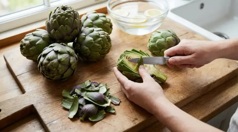 Persona che pulisce e taglia un carciofo su un tagliere, con altri carciofi e una ciotola d’acqua e limone