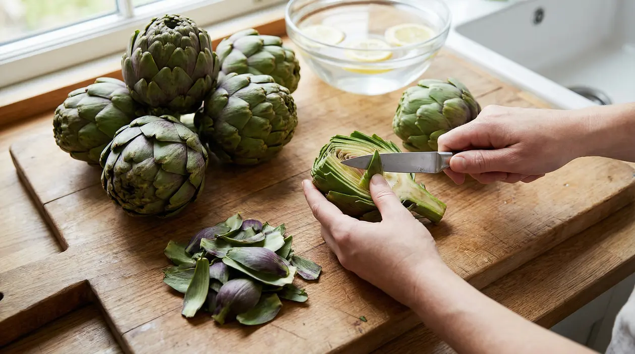 Persona che pulisce e taglia un carciofo su un tagliere, con altri carciofi e una ciotola d’acqua e limone