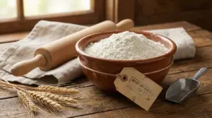 Ciotola di farina su tavolo in legno con mattarello, spighe di grano e paletta, a tema scadenza alimentare