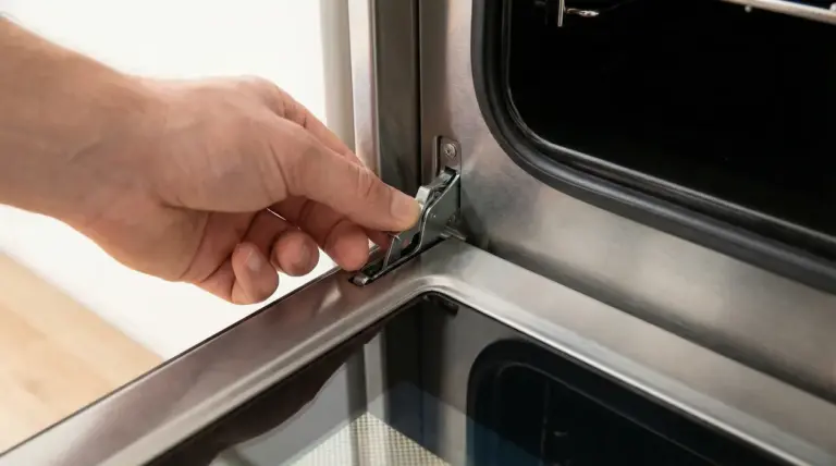 Mano che aziona la leva dello sportello del forno, dettaglio della cerniera e del meccanismo di apertura