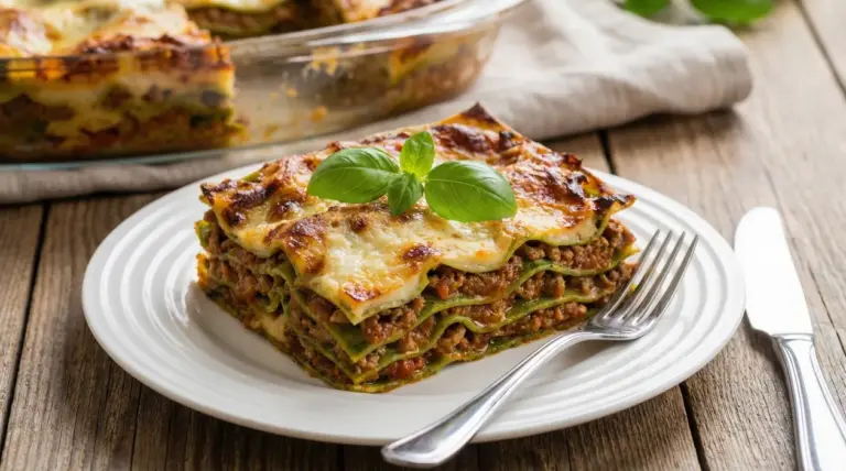 Porzione di lasagna alla bolognese con ragù e besciamella, gratinata e guarnita con basilico su piatto bianco