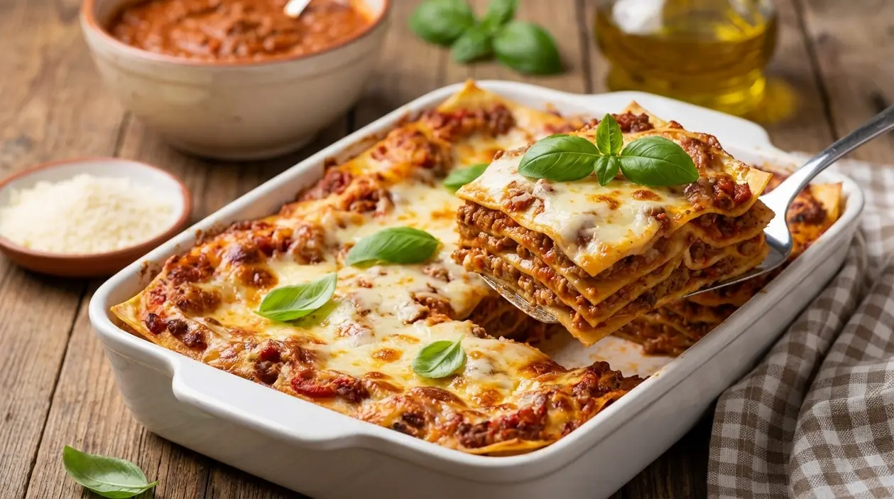 Porzione di lasagna al ragù appena sfornata in teglia, con formaggio fuso e foglie di basilico