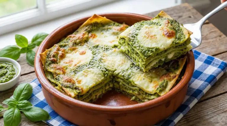 Porzione di lasagne al pesto con formaggio gratinato servita in pirofila di terracotta, con foglie di basilico a lato