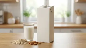 Cartone e bicchiere di latte vegetale su tavolo, con mandorle e fiocchi d’avena in cucina luminosa