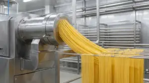 Macchinario industriale che estrude spaghetti freschi in uno stabilimento di produzione della pasta