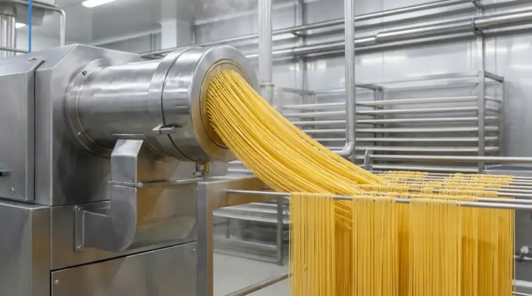 Macchinario industriale che estrude spaghetti freschi in uno stabilimento di produzione della pasta