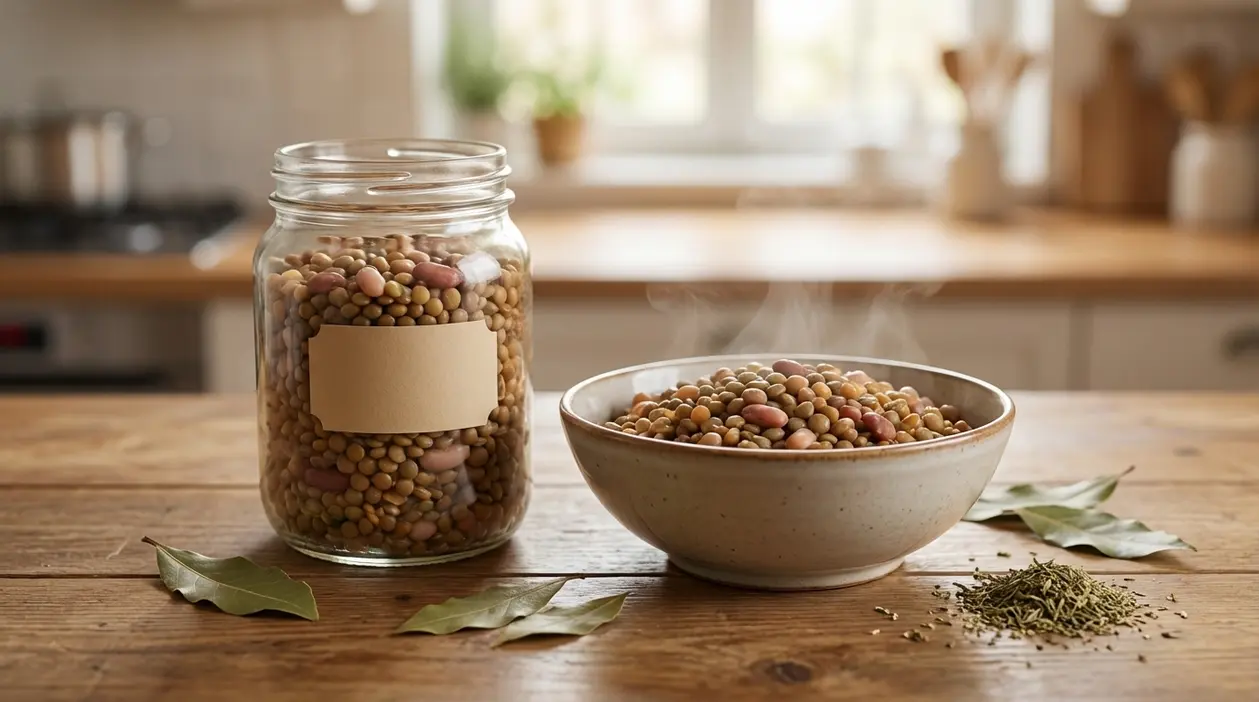 Barattolo e ciotola di legumi in cucina con erbe aromatiche, per consigli su come renderli più digeribili