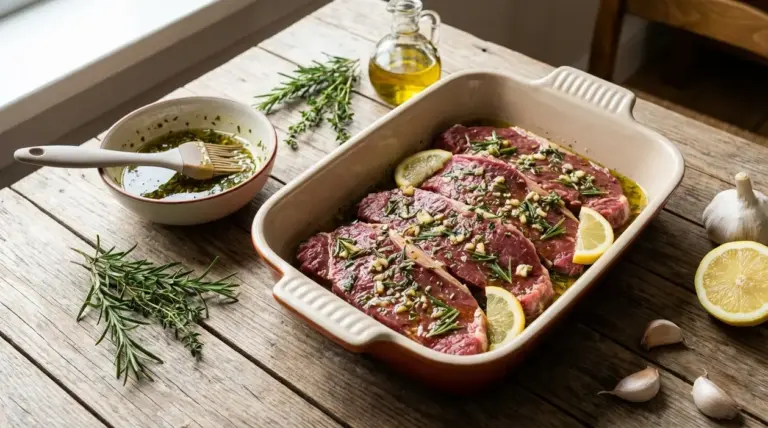 Fette di carne magra in marinatura con olio, limone, aglio e rosmarino in una teglia su tavolo di legno