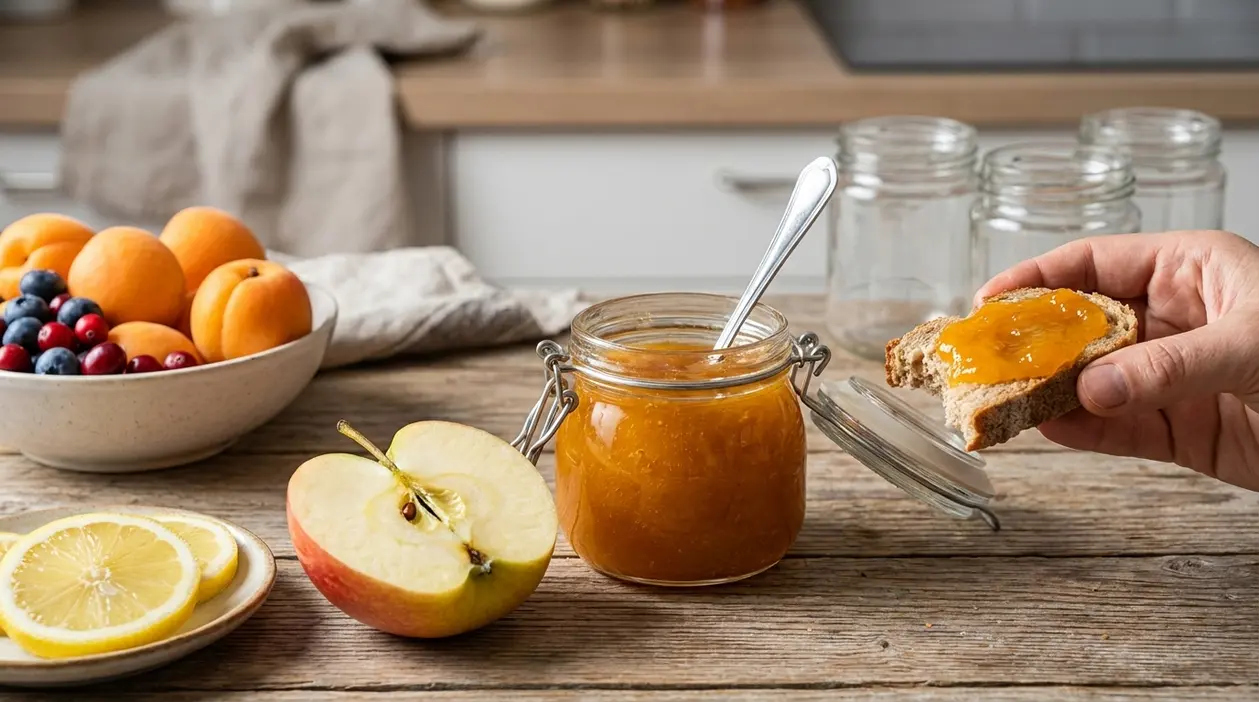 Vasetto di marmellata fatta in casa senza zucchero con mela, albicocche, limone e fetta di pane spalmata