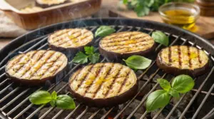 Fette di melanzane grigliate su barbecue con foglie di basilico e un filo d’olio extravergine