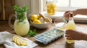 Versamento di succo di limone in una vaschetta per cubetti di ghiaccio per conservarlo più a lungo in cucina