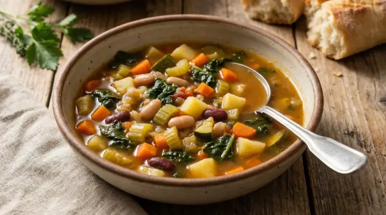 Ciotola di minestrone di verdure con fagioli, patate, carote e spinaci su tavolo rustico