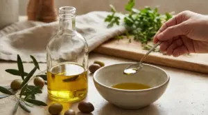 Bottiglia e ciotola con olio d’oliva, olive e una mano che assaggia con un cucchiaino su un piano cucina