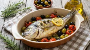 Orata al forno con pomodorini, olive e limone in una pirofila, pronta in stile mediterraneo