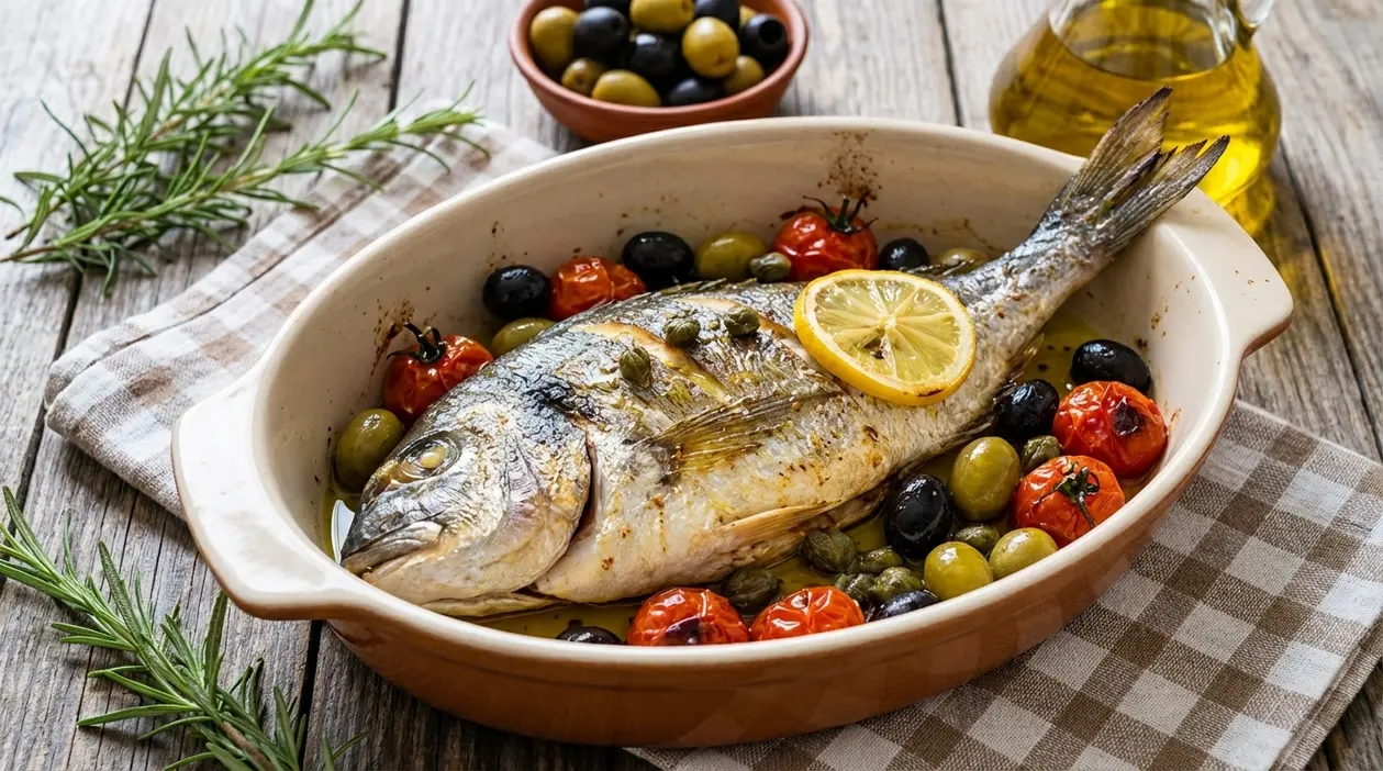 Orata al forno con pomodorini, olive e limone in una pirofila, pronta in stile mediterraneo