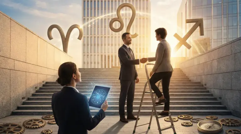 Due persone in abiti da lavoro si stringono la mano su una scalinata, con simboli zodiacali sullo sfondo