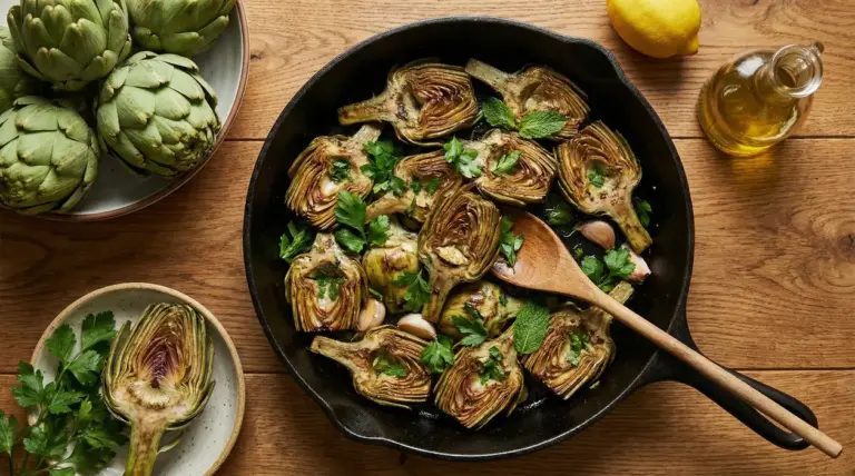 Padellata di carciofi alla romanesca in padella di ghisa con prezzemolo, aglio e olio su tavolo di legno