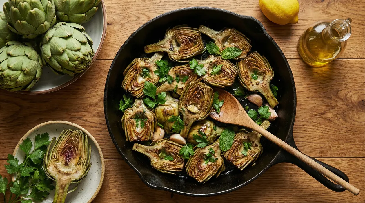 Padellata di carciofi alla romanesca in padella di ghisa con prezzemolo, aglio e olio su tavolo di legno