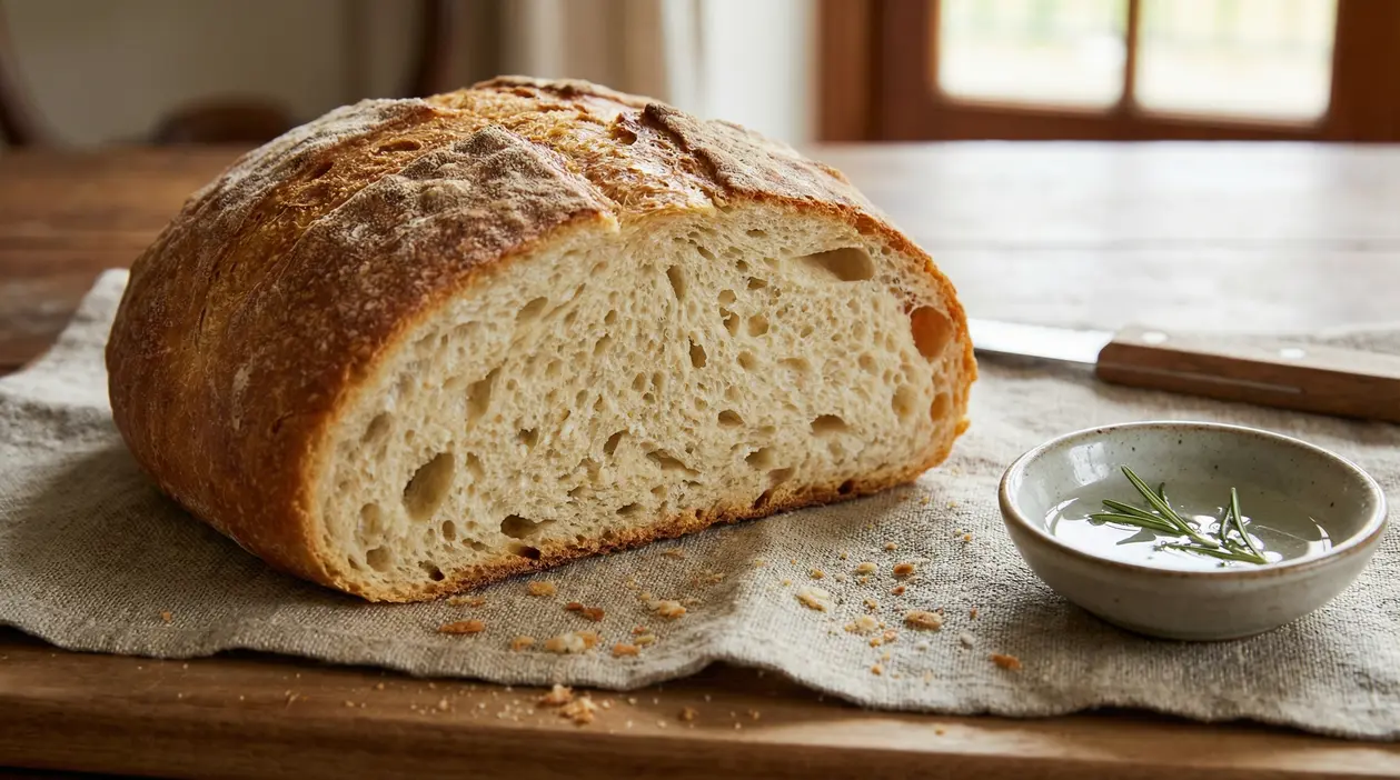 Pagnotta di pane all’acqua tagliata a metà, con mollica soffice e crosta dorata su tavolo rustico
