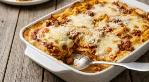 Pasta al forno con besciamella e ragù in teglia, gratinata con formaggio fuso e cucchiaio da portata