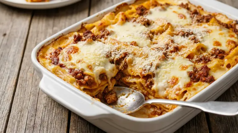 Pasta al forno con besciamella e ragù in teglia, gratinata con formaggio fuso e cucchiaio da portata