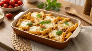 Pasta al forno veloce con rigatoni gratinati, mozzarella fusa e basilico in teglia su tavolo di legno