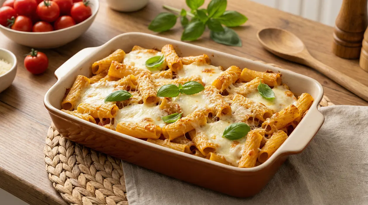 Pasta al forno veloce con rigatoni gratinati, mozzarella fusa e basilico in teglia su tavolo di legno