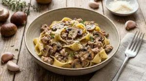 Pasta al ragù bianco con salsiccia e funghi servita in un piatto, con parmigiano e timo