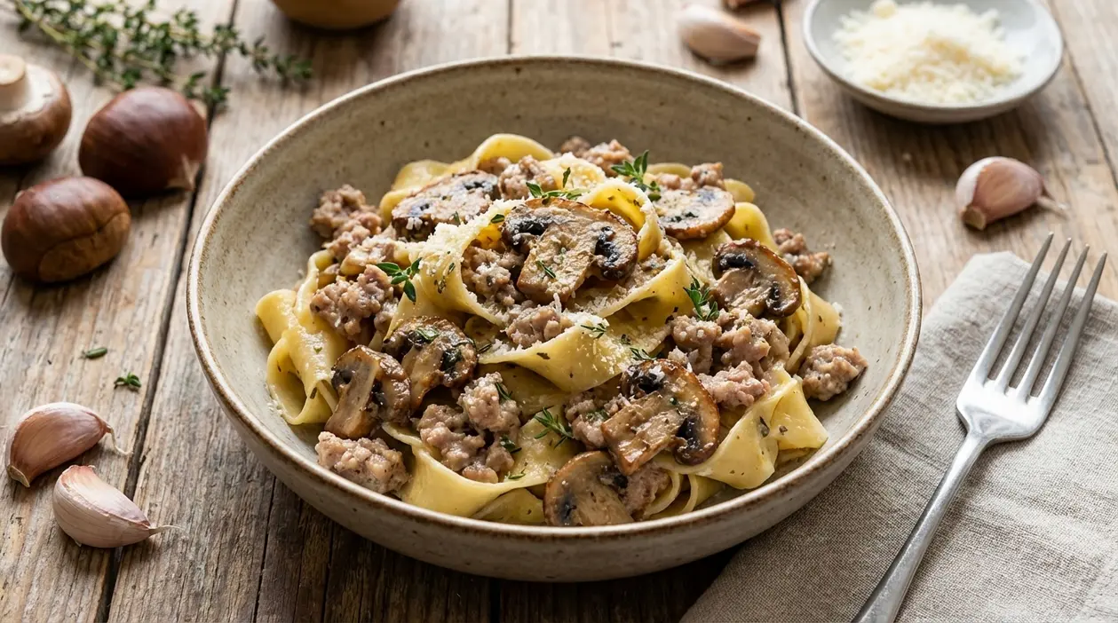 Pasta al ragù bianco con salsiccia e funghi servita in un piatto, con parmigiano e timo
